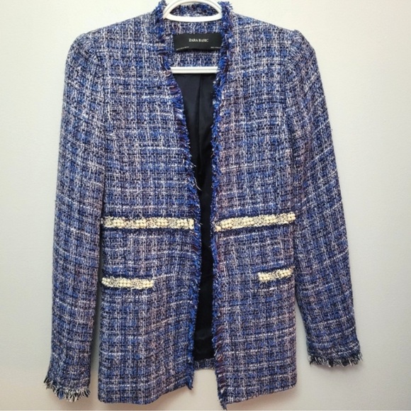 Zara Blue Tweed Blazer with Gorgeous Pearl Trim - Picture 6 of 12